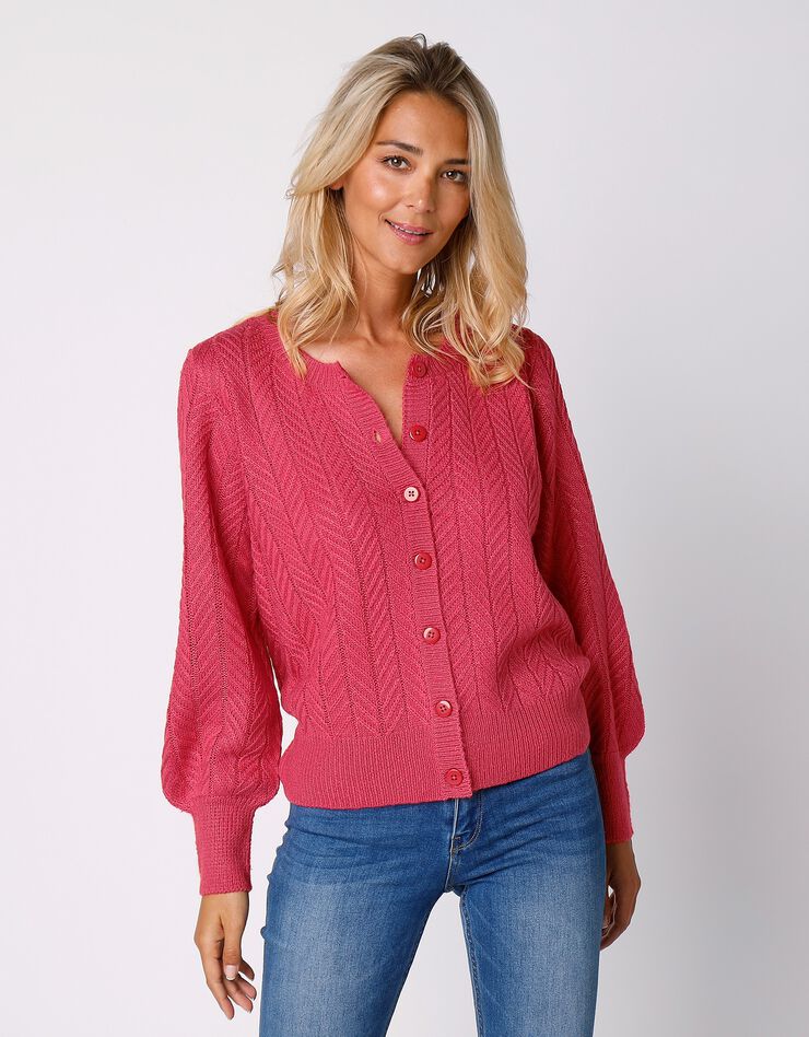 Cardigan boutonné maille fantaisie manches bouffantes (corail) Cardigan boutonné maille fantaisie manches bouffantes (corail)