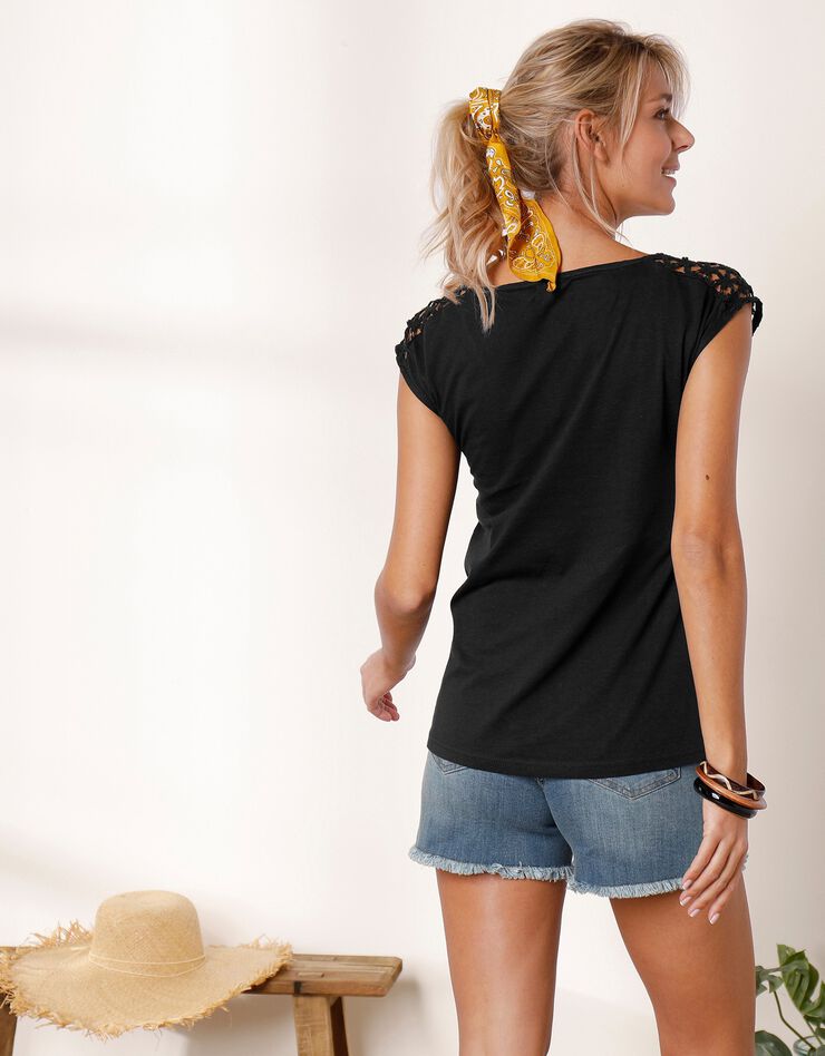 Tee-shirt zippé macramé uni (noir)