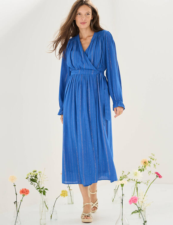 Robe longue "portefeuille" en cr&eacute;pon, doubl&eacute;e (bleu)