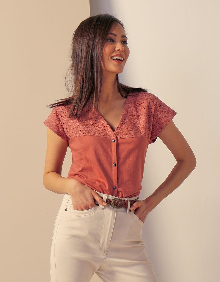 Tee-shirt boutonné, broderie anglaise (terracotta) Tee-shirt boutonné, broderie anglaise (terracotta)