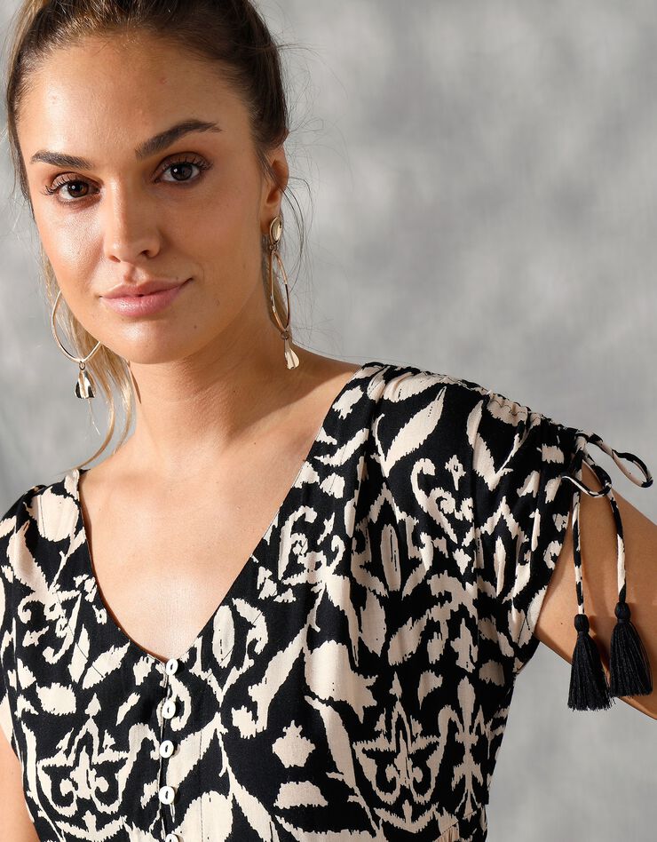 Robe longue manches courtes, imprimé ethnique bicolore (noir / beige)