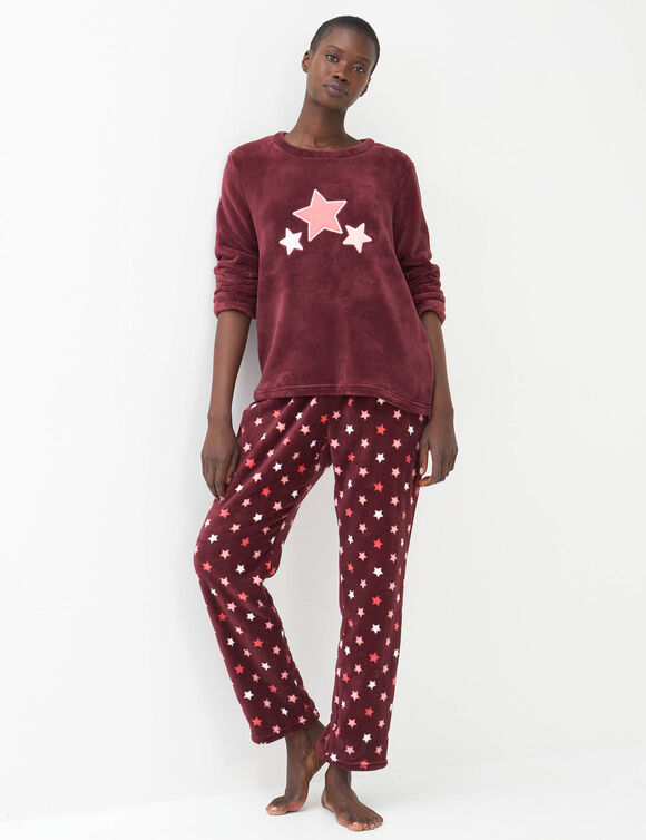 Pyjama pantalon polaire "&eacute;toiles", toucher peluche (bordeaux / corail)