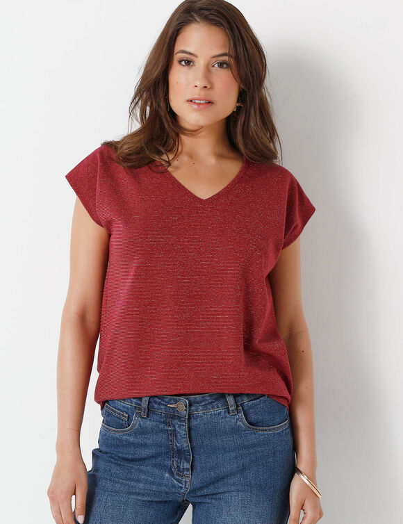 T-shirt col V, maille fantaisie brillante (bordeaux)