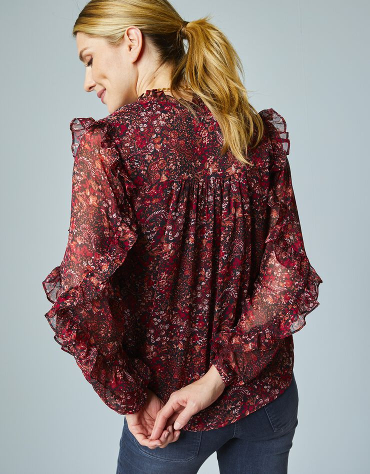 Blouse fleurie automnale en voile volanté (noir / terracotta) Blouse fleurie automnale en voile volanté (noir / terracotta)