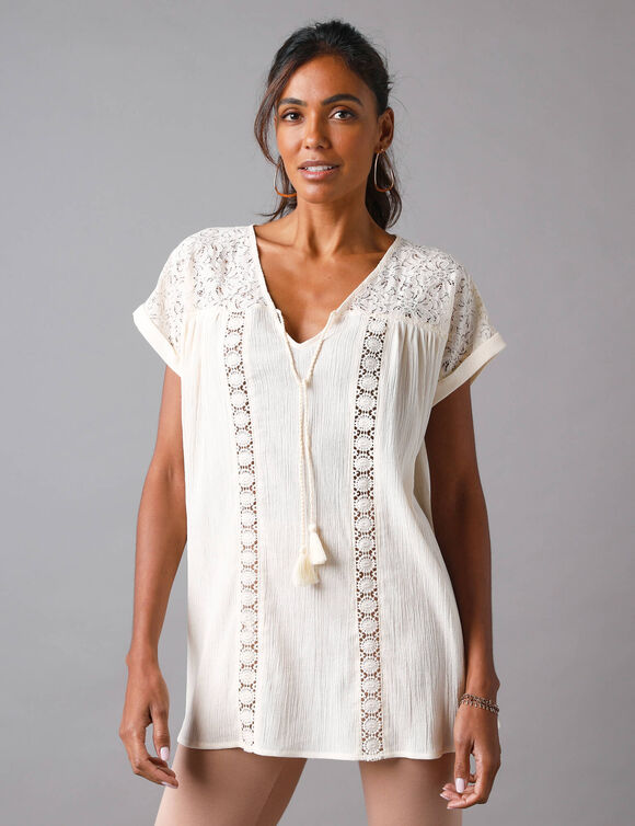 Tunique unie, dentelle et crépon (écru)