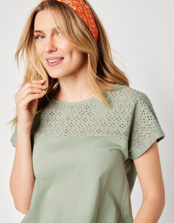 Tee-shirt broderie anglaise manches courtes (vert grisé) Tee-shirt broderie anglaise manches courtes (vert grisé)