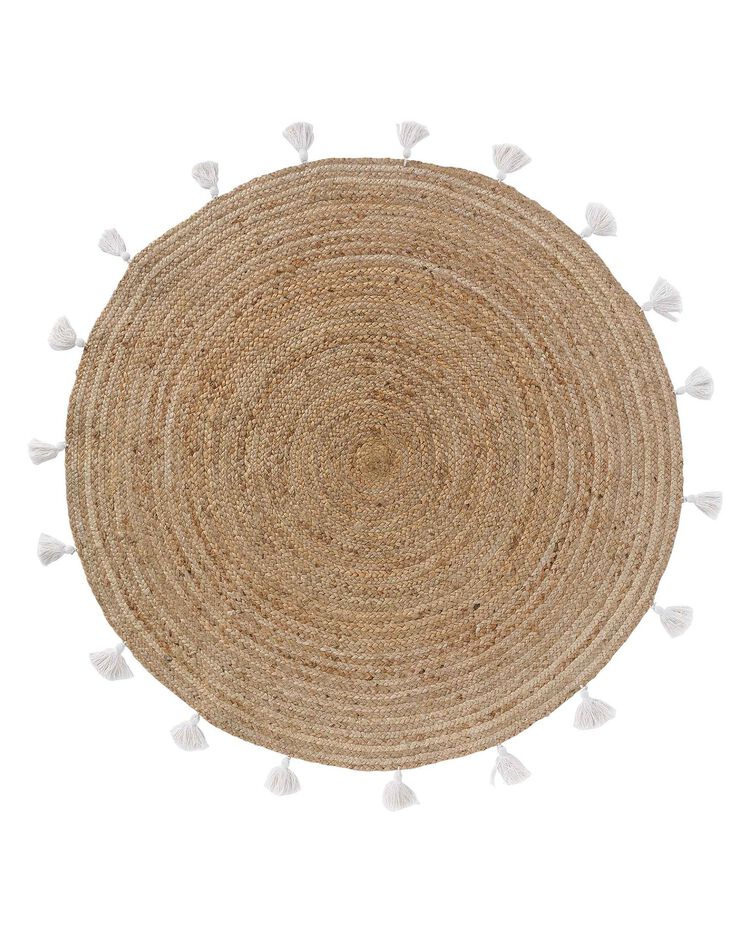 Tapis rond en jute avec pompons de couleur (blanc)