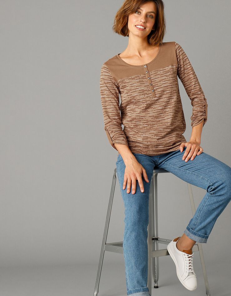 Tee-shirt col tunisien imprimé chiné (taupe clair chiné) Tee-shirt col tunisien imprimé chiné (taupe clair chiné)