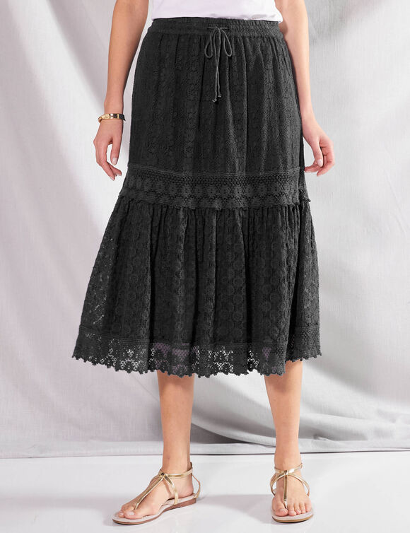 Jupe mi-longue, dentelle et macramé (noir)