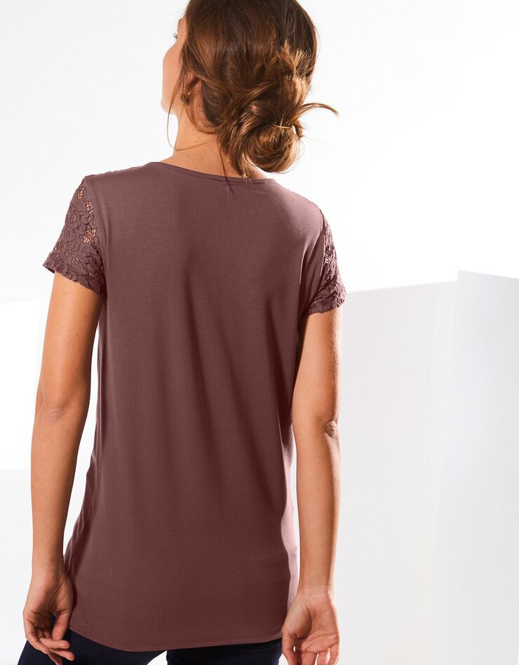 Tee-shirt dentelle col rond manches courtes (marron glacé) Tee-shirt dentelle col rond manches courtes (marron glacé)
