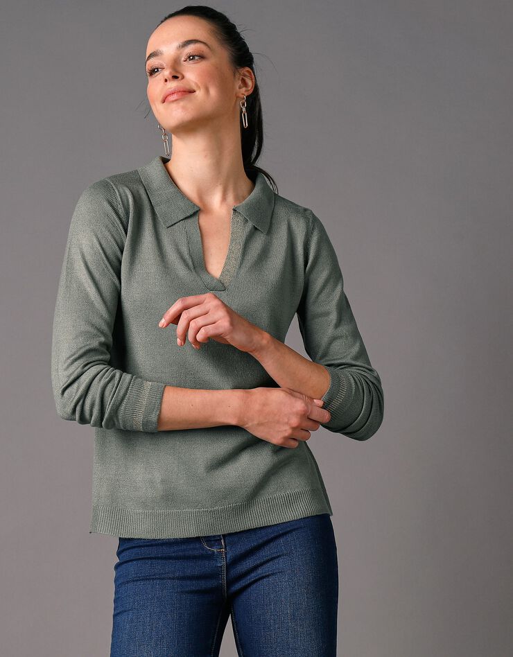 Pull col polo détails brillants, toucher cachemire (kaki) Pull col polo détails brillants, toucher cachemire (kaki)
