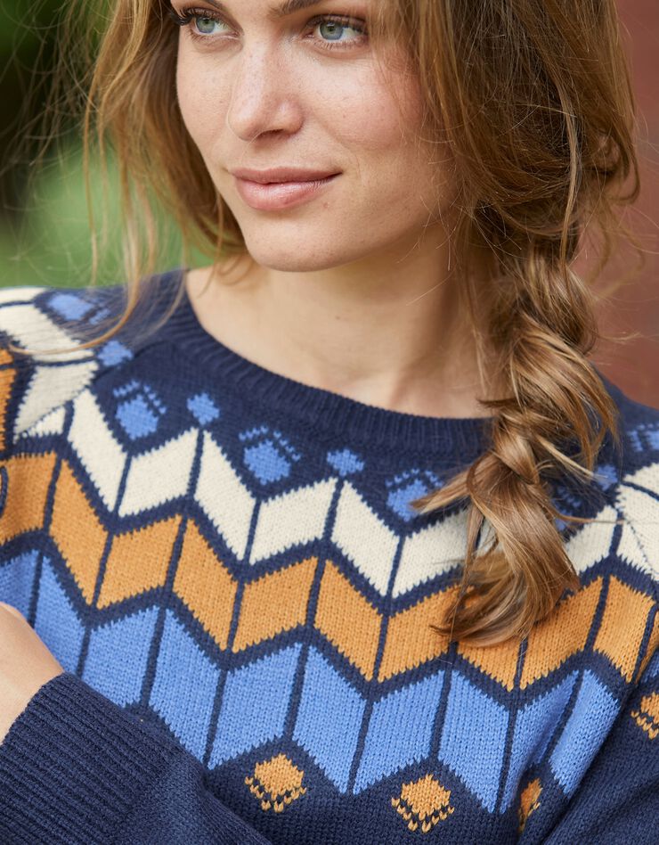 Pull décolleté jacquard (marine / miel) Pull décolleté jacquard (marine / miel)