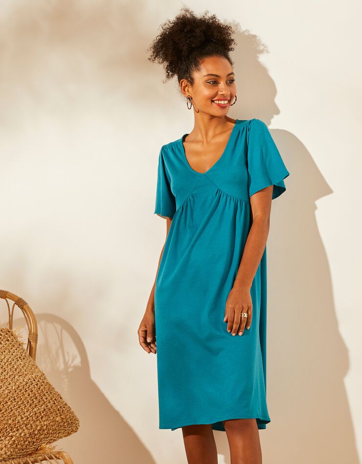 Robe ample froncée à manches courtes (bleu paon) Robe ample froncée à manches courtes (bleu paon)