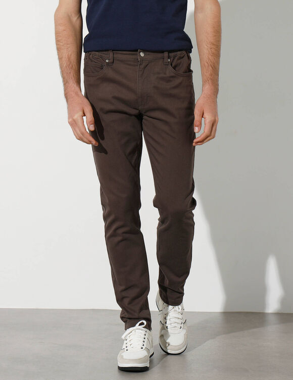 Pantalon droit 5 poches twill coton extensible (chocolat)