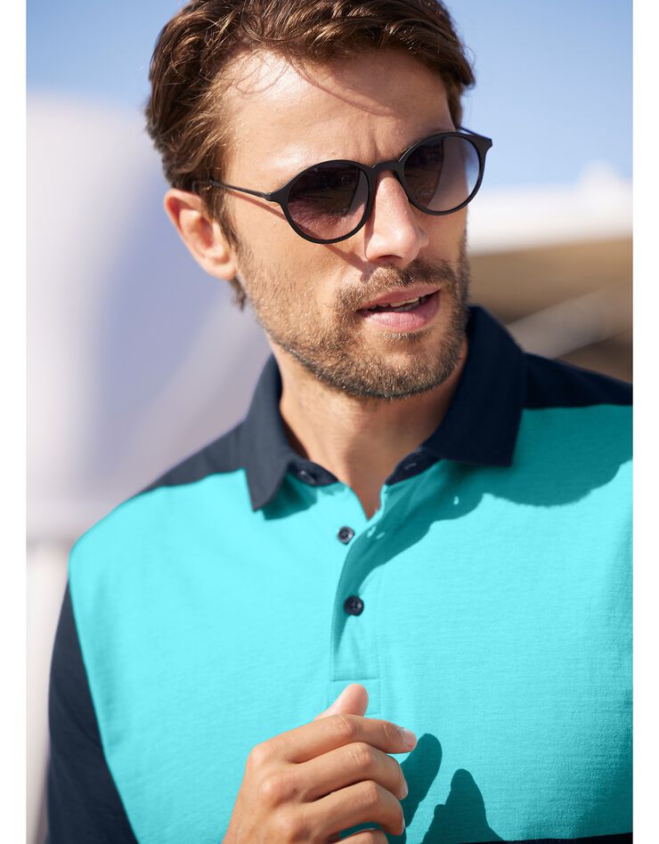 Polo en jersey rayé fils teints (turquoise / marine) Polo en jersey rayé fils teints (turquoise / marine)
