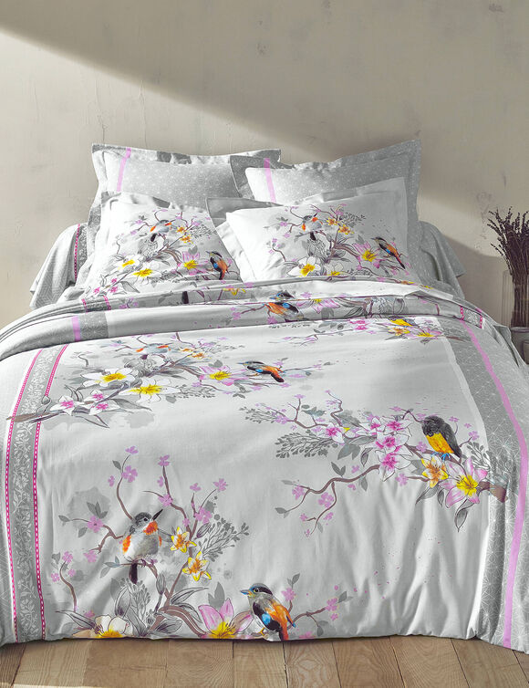 Linge de lit Birdy en coton imprimé oiseaux (gris)