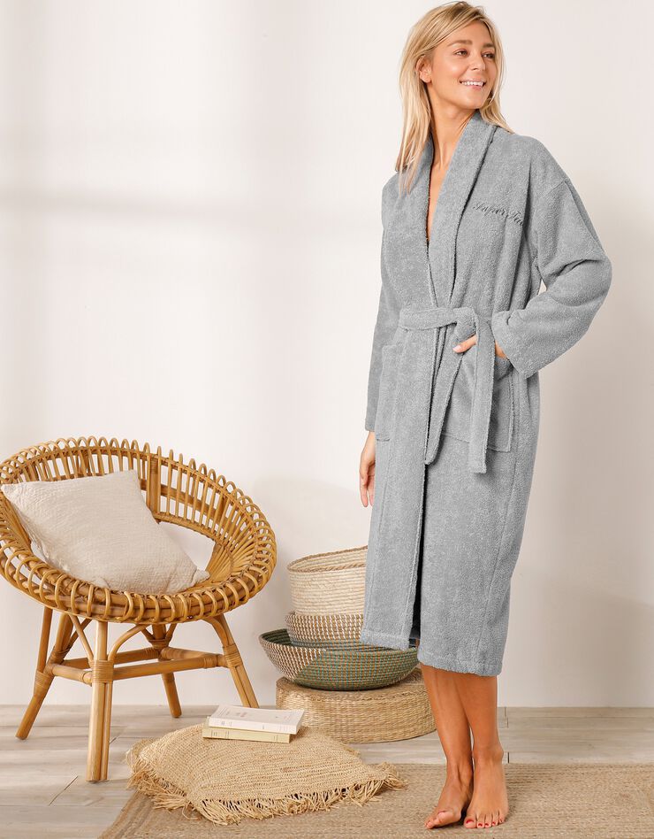 Peignoir mixte adulte éponge bouclette col châle personnalisable (gris) Peignoir mixte adulte éponge bouclette col châle personnalisable (gris)