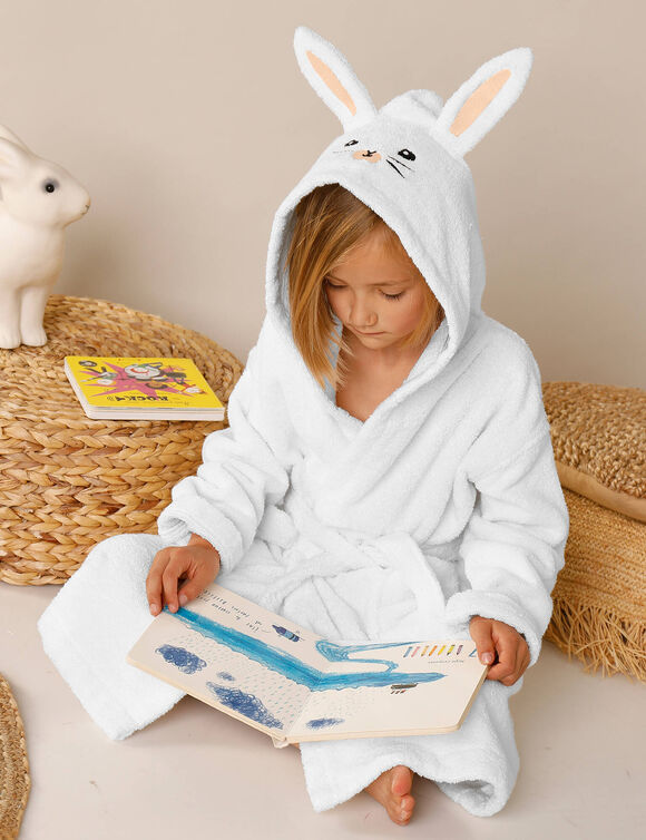 Peignoir de bain enfant lapin à capuche éponge coton - 340 g/m² (blanc)