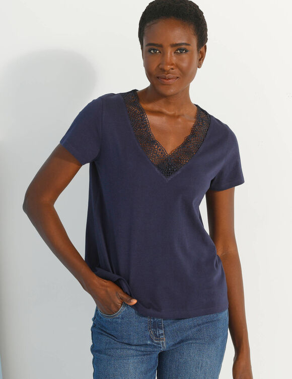 T-shirt col V dentelle (marine)