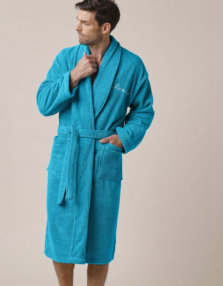 Peignoir mixte adulte éponge bouclette col châle personnalisable (turquoise) Peignoir mixte adulte éponge bouclette col châle personnalisable (turquoise)