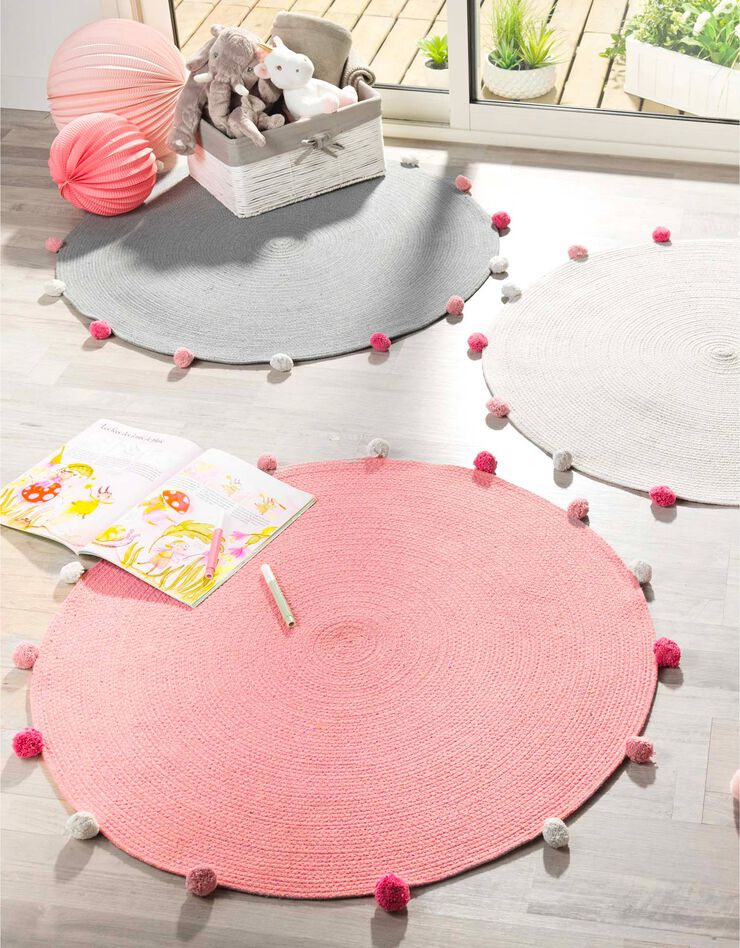 Tapis rond finition pompons gris/rose (gris)