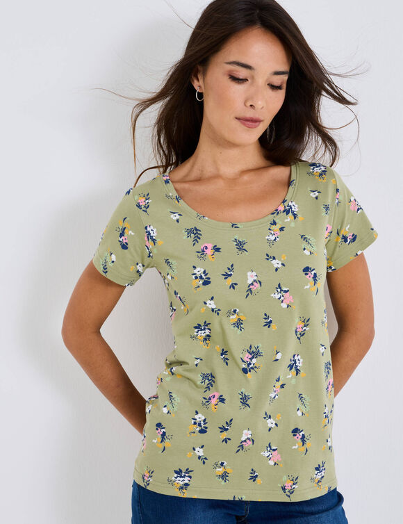 T-shirt col rond imprimé fleuri coton (kaki clair)