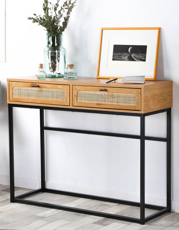 Console WICKOOD 2 tiroirs - bois, métal et cannage (naturel)