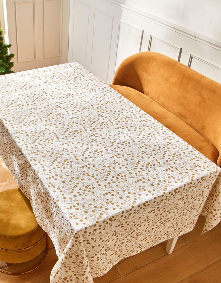 Nappe imprimée petites feuilles coloris doré (blanc / doré)