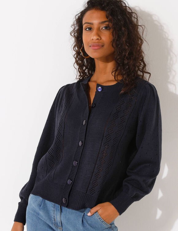 Cardigan boutonné, maille ajourée (marine)