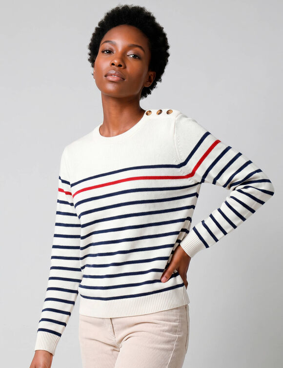 Pull col rond ray&eacute; marini&egrave;re, boutons &eacute;paule (&eacute;cru / bleu)
