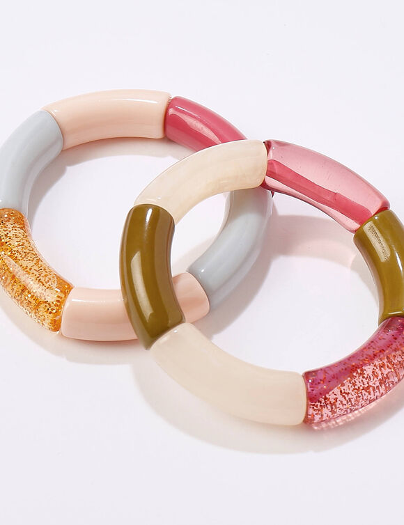 Bracelet élastiqué perles tubulaires, lot de 2 (rose / écru)