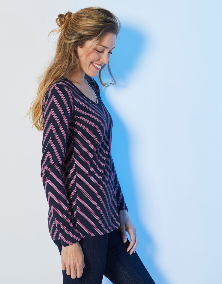 Tee-shirt col V fantaisie rayé (marine / violine) Tee-shirt col V fantaisie rayé (marine / violine)