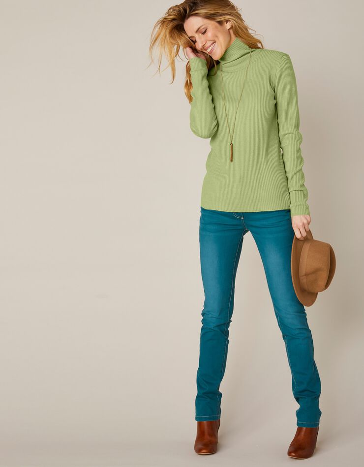 Pull col roulé uni maille côtelée (vert amande) Pull col roulé uni maille côtelée (vert amande)