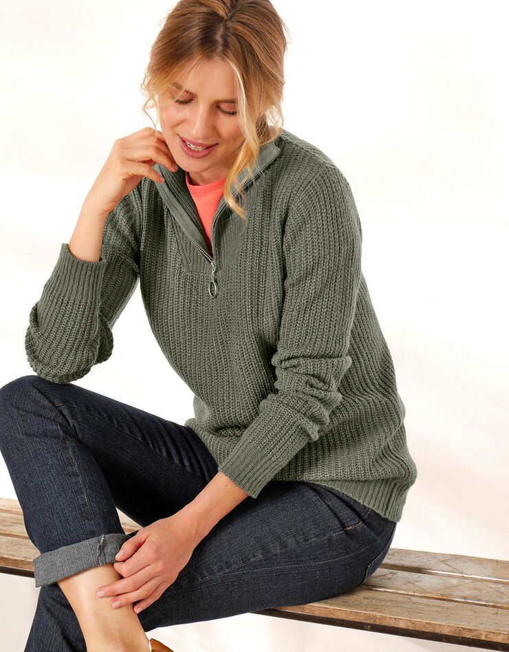 Pull col zippé maille anglaise toucher mohair (kaki) Pull col zippé maille anglaise toucher mohair (kaki)