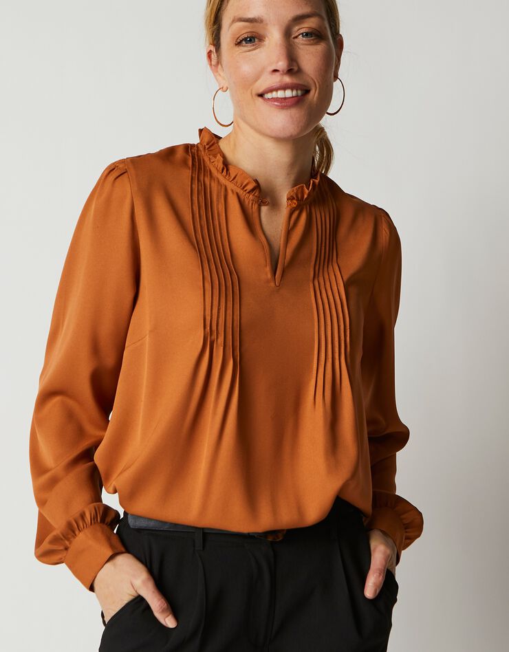 Blouse à plis manches longues unie (caramel) Blouse à plis manches longues unie (caramel)