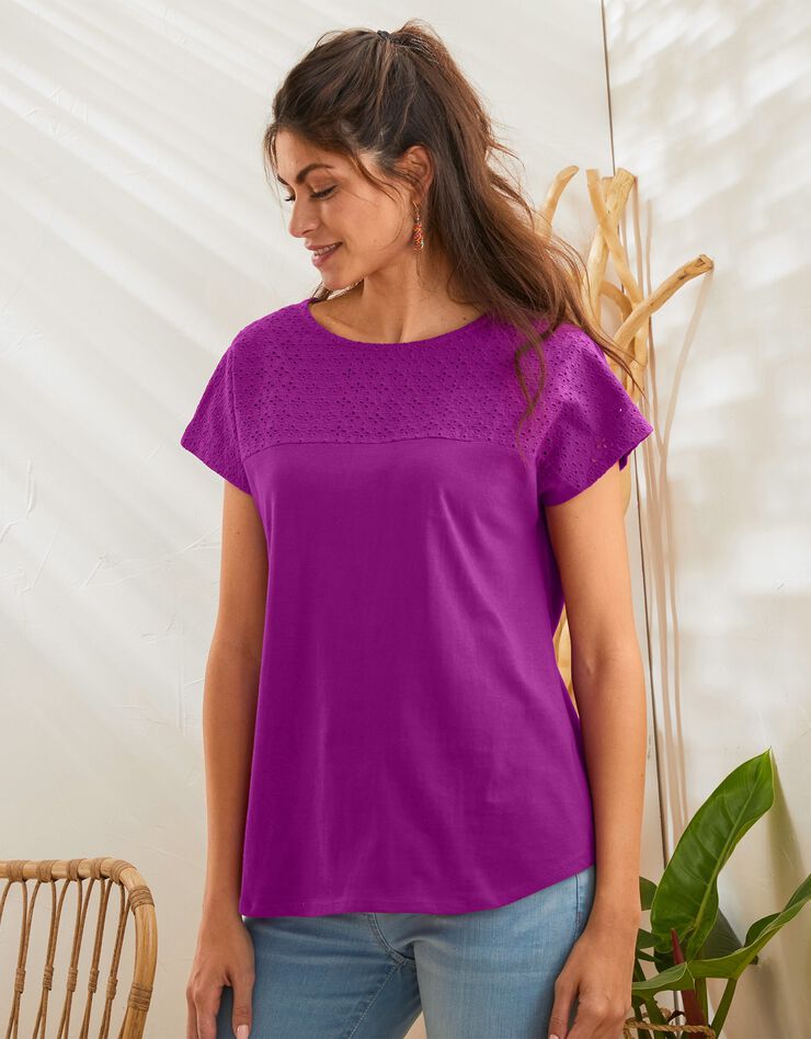 Tee-shirt broderie anglaise manches courtes (violine)
