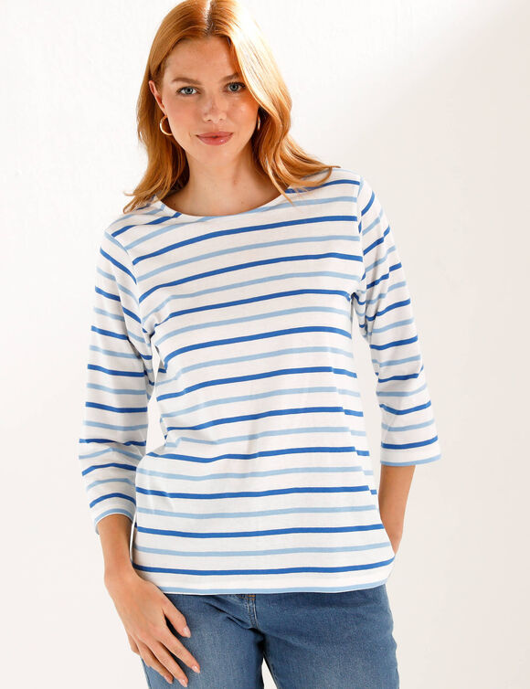 T-shirt ray&eacute; manches 3/4, maille jersey (&eacute;cru / bleu)