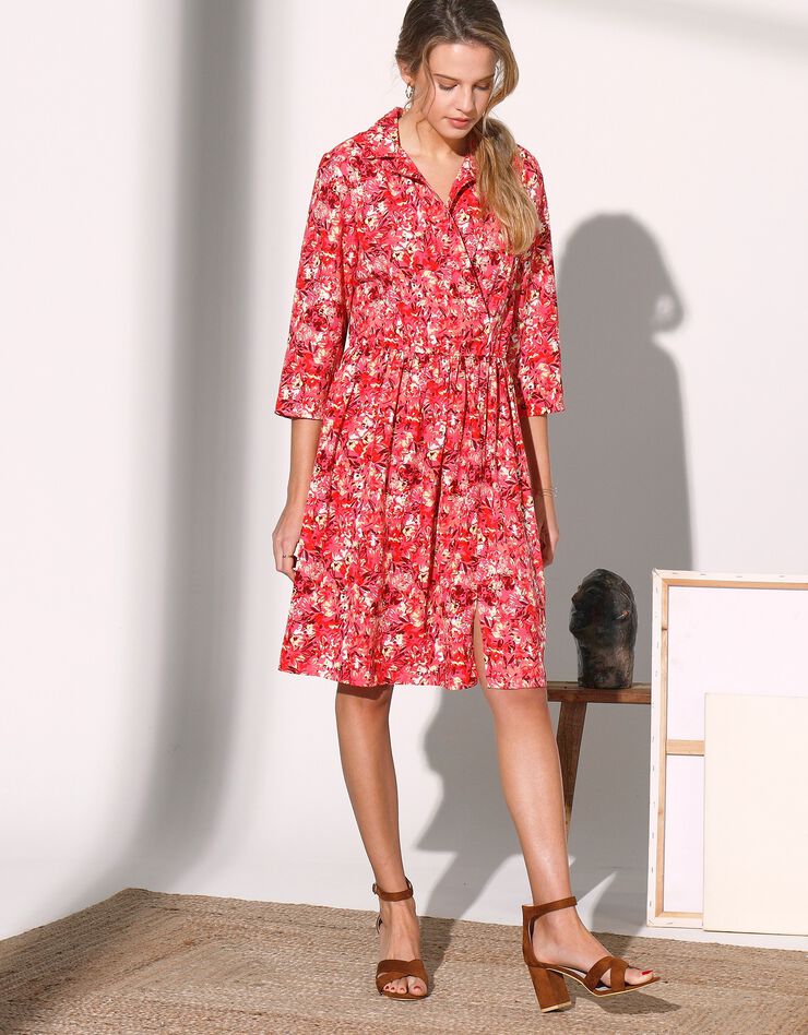 Robe cache-coeur imprimée manches 3/4, crêpe (fuchsia / prune)