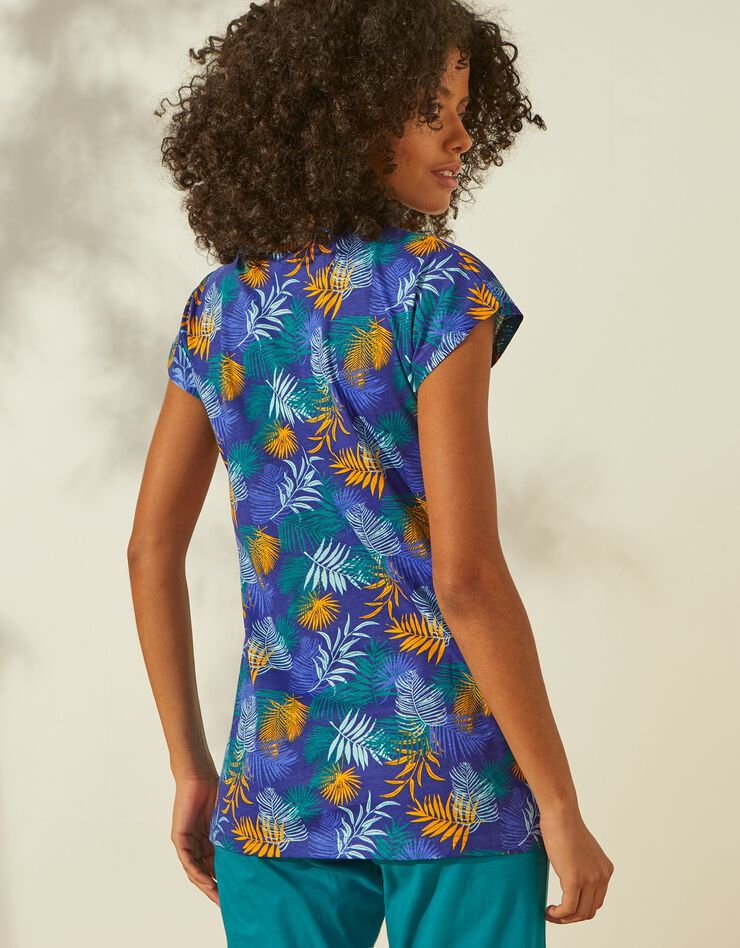 Tee-shirt de pyjama en coton manches courtes - imprimé tropical (bleu / safran)