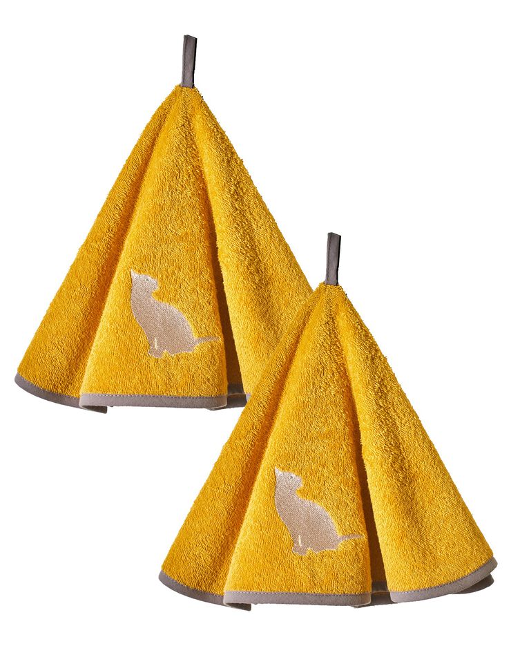 Torchons ronds éponge brodée chat - lot de 2 (moutarde)