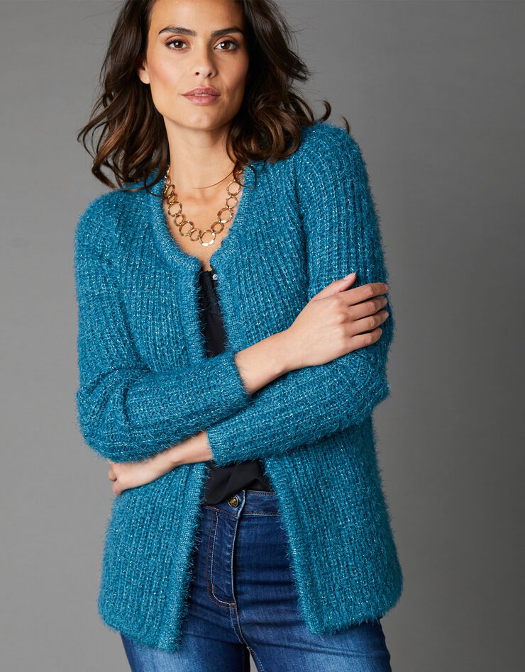 Gilet forme paletot en maille perlée (bleu) Gilet forme paletot en maille perlée (bleu)