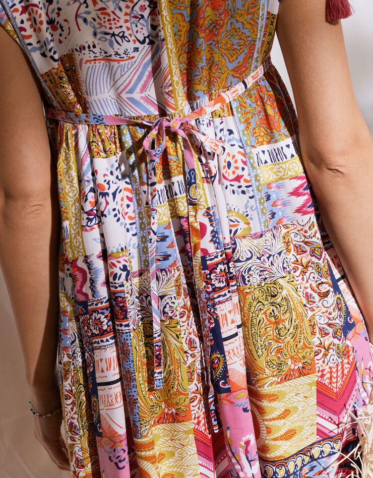 Robe mi-longue manches courtes imprimée (ocre / corail) Robe mi-longue manches courtes imprimée (ocre / corail)