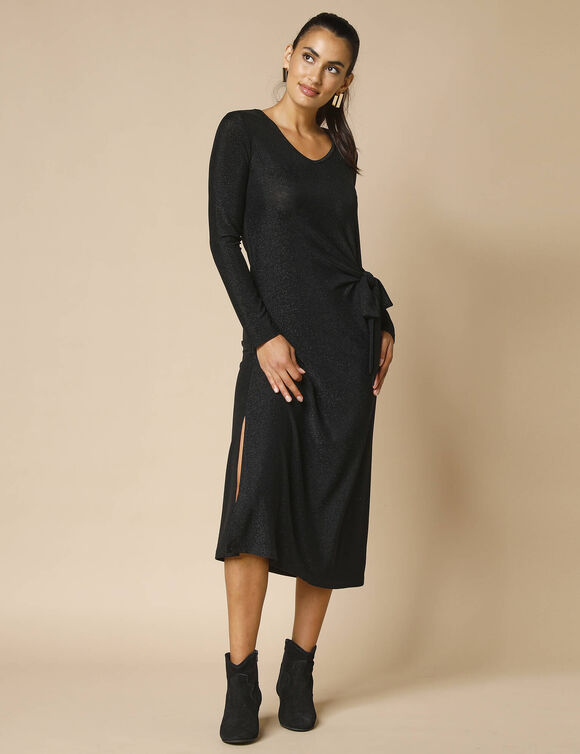 Robe maille brillante manches longues, détail noué (noir / noir)
