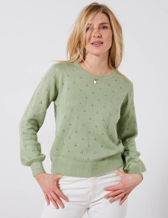 Pull col rond, maille pointelle toucher doux (vert d'eau)