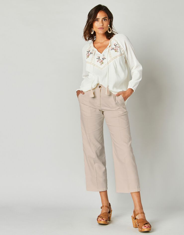 Pantalon raccourci large, broderie dos (sable) Pantalon raccourci large, broderie dos (sable)