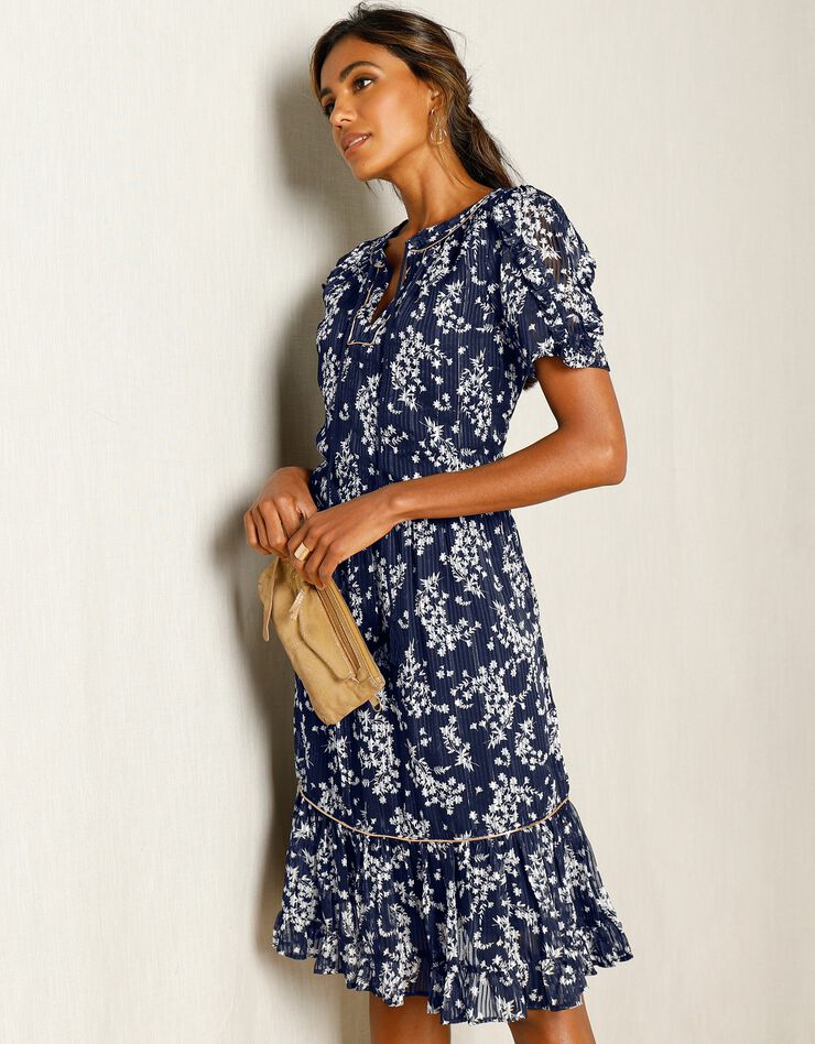 Robe imprimé floral, voile jacquard (marine / blanc)
