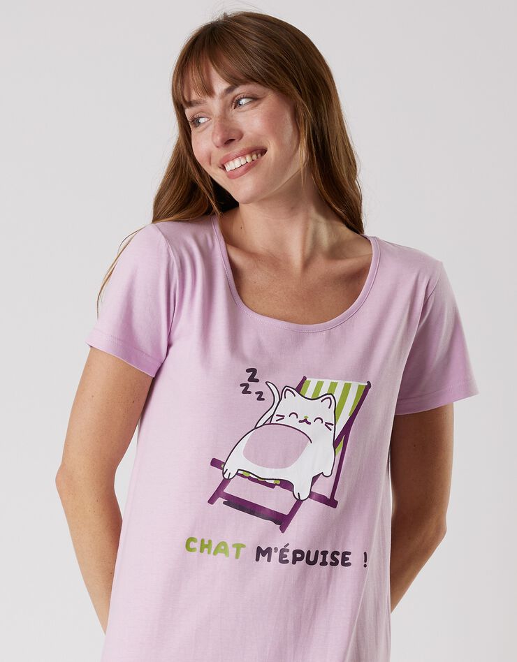 Chemise de nuit longue manches courtes – imprimé "chat" (lilas)