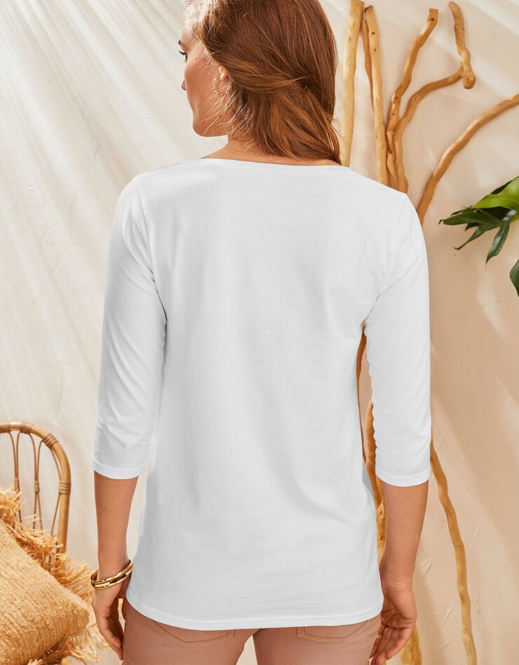 Tee-shirt manches 3/4 col rond uni coton (blanc)