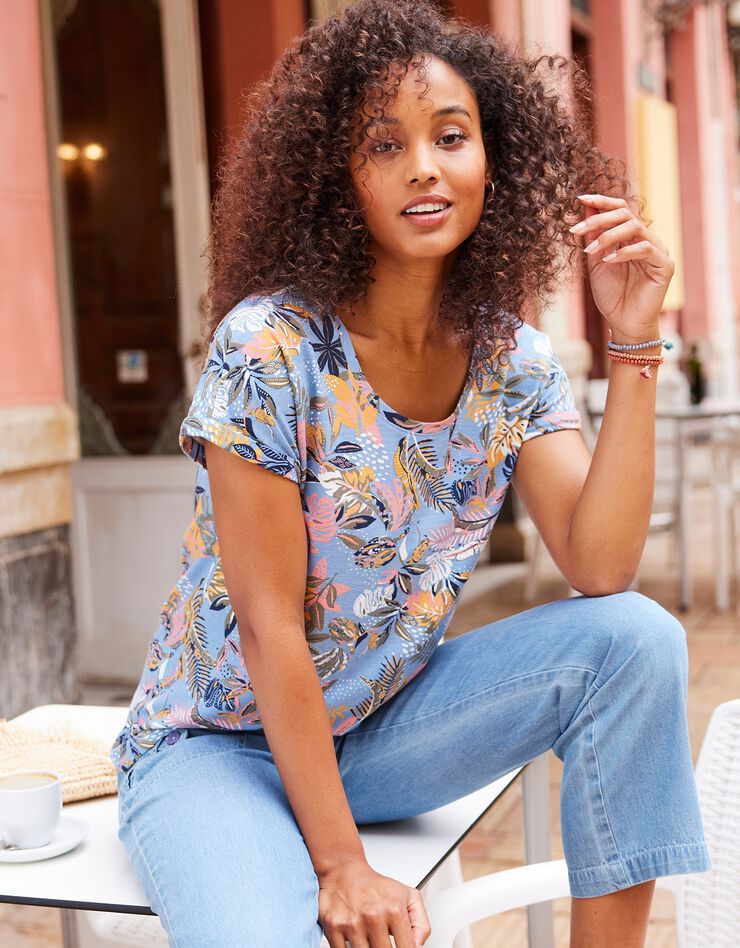 Tee-shirt imprimé manches courtes jungle multicolore (bleu grisé)