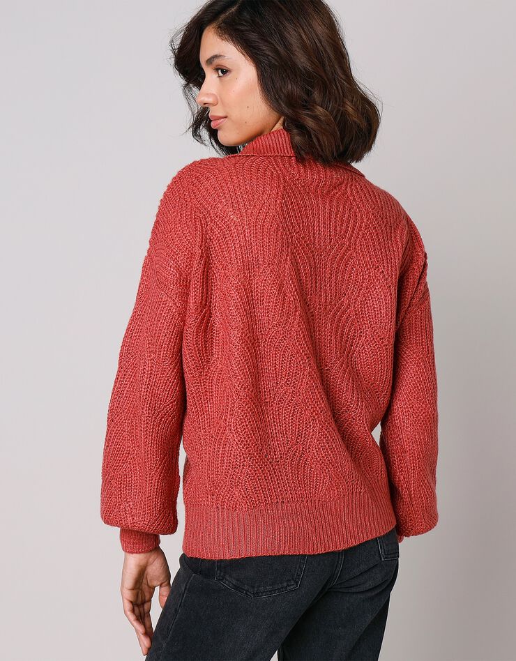 Cardigan maille fantaisie manches blousantes avec col (bleu paon)